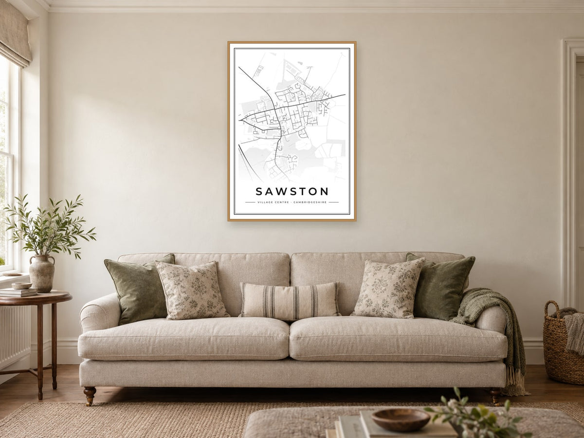 Sawston Village Centre Street Map Poster at A1, in a natural wood frame, in a sitting room