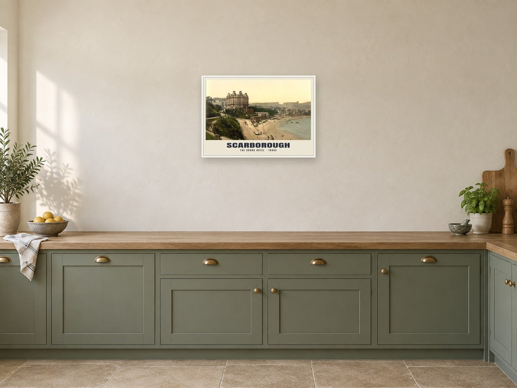 The Grand Hotel, Scarborough, 1890s Heritage Print at A2, in a white frame, in a kitchen