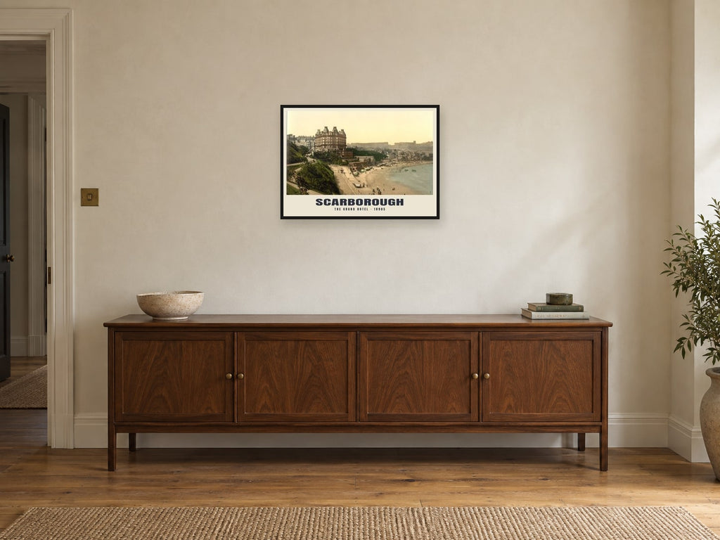 The Grand Hotel, Scarborough, 1890s Heritage Print at A2, in a black frame, above a sideboard