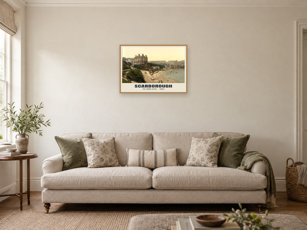 The Grand Hotel, Scarborough, 1890s Heritage Print at A2, in a natural wood frame, in a sitting room