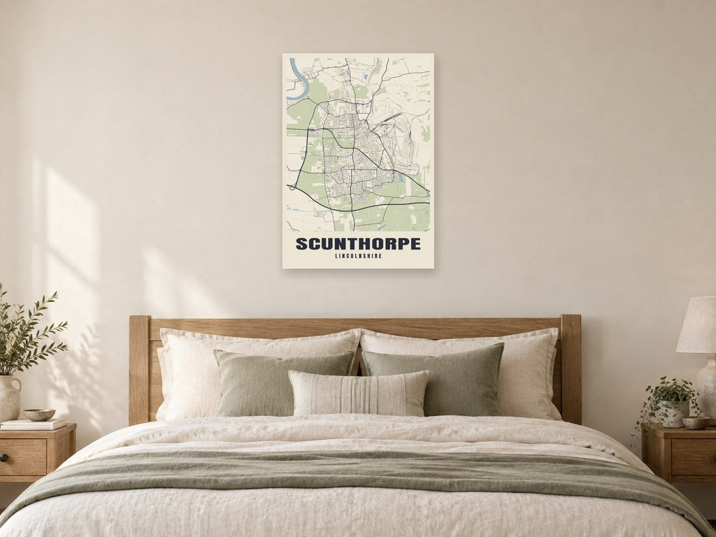 Scunthorpe Street Map Poster at A1, as a poster, above a bed