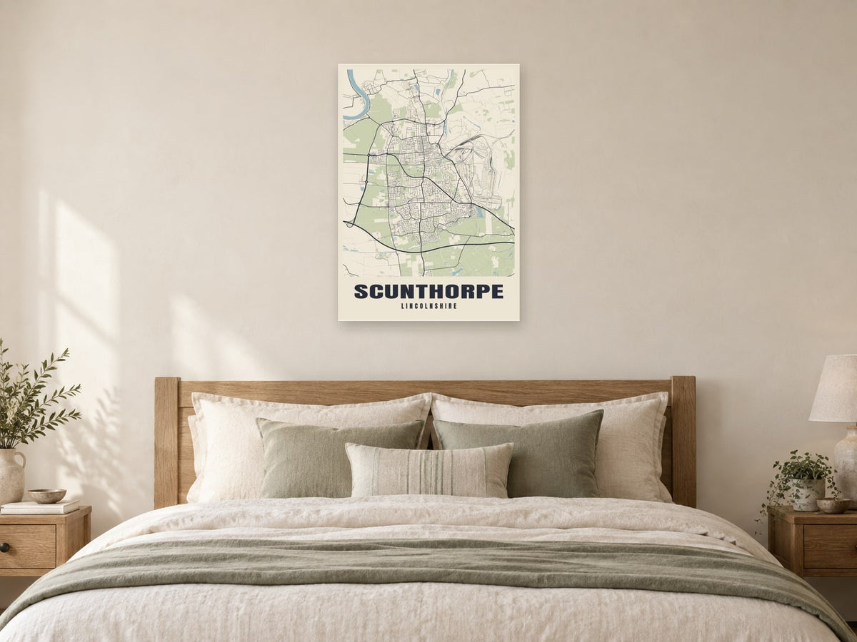 Scunthorpe Street Map Poster at A1, as a poster, above a bed
