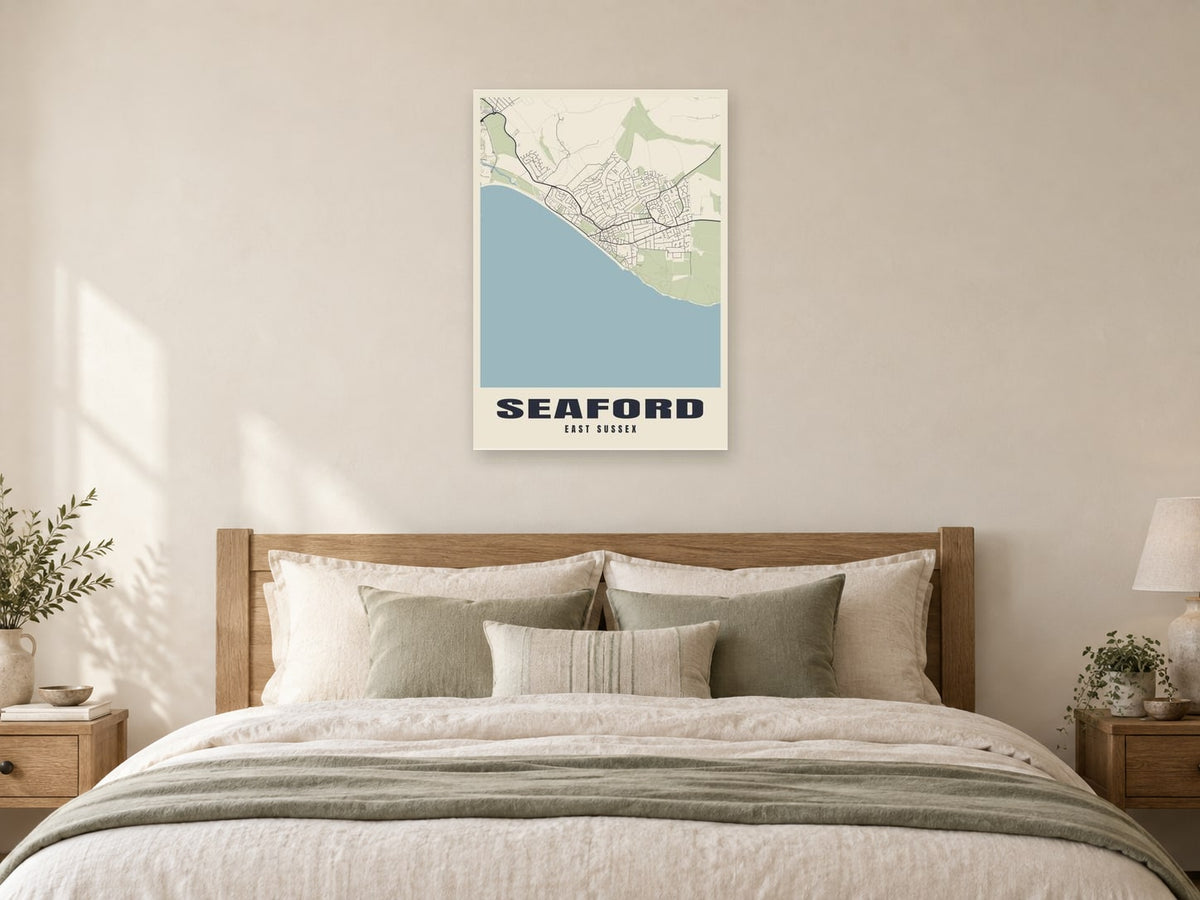 Seaford Street Map Poster at A1, as a poster, above a bed