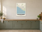 Seaford Street Map Poster at A1, in a white frame, in a kitchen