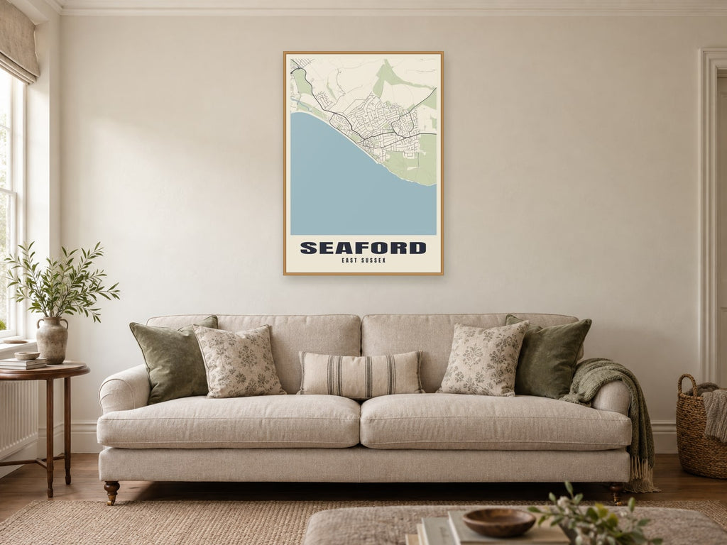 Seaford Street Map Poster at A1, in a natural wood frame, in a sitting room
