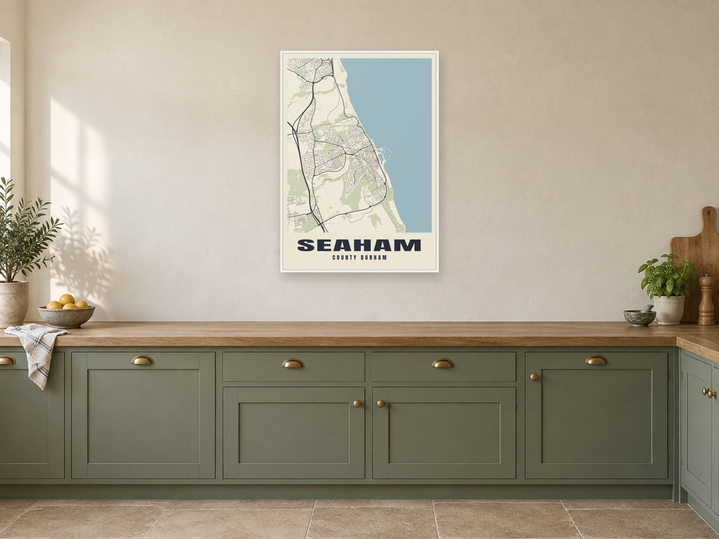 Seaham Street Map Poster at A1, in a white frame, in a kitchen