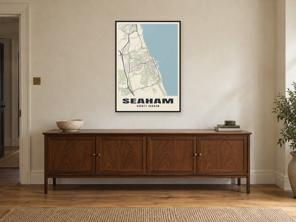 Seaham Street Map Poster at A1, in a black frame, above a sideboard