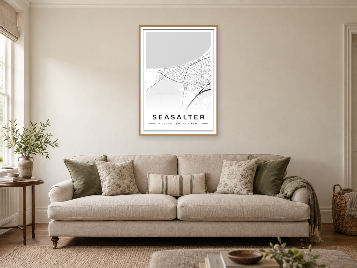 Seasalter Village Centre Street Map Poster at A1, in a natural wood frame, in a sitting room