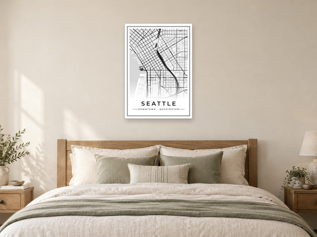 Seattle Downtown Street Map Poster at A1, as a poster, above a bed