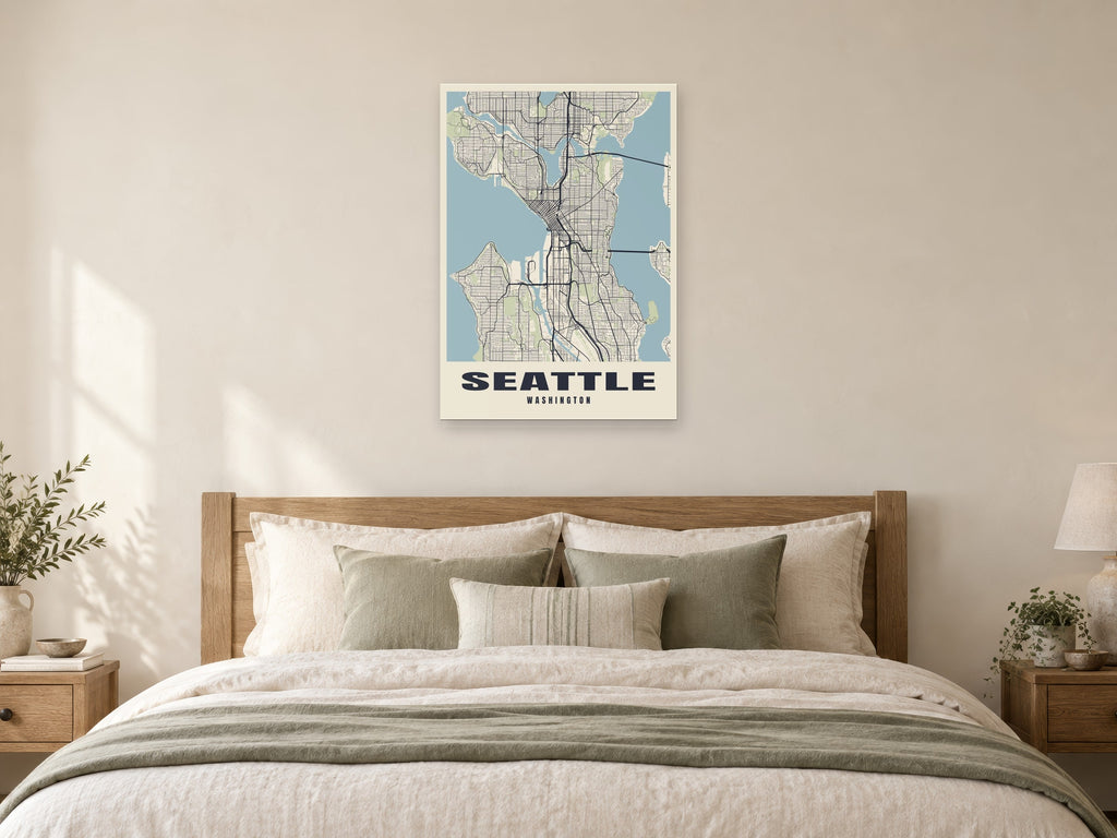 Seattle Street Map Poster at A1, as a poster, above a bed
