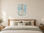 Seattle Street Map Poster at A1, as a poster, above a bed