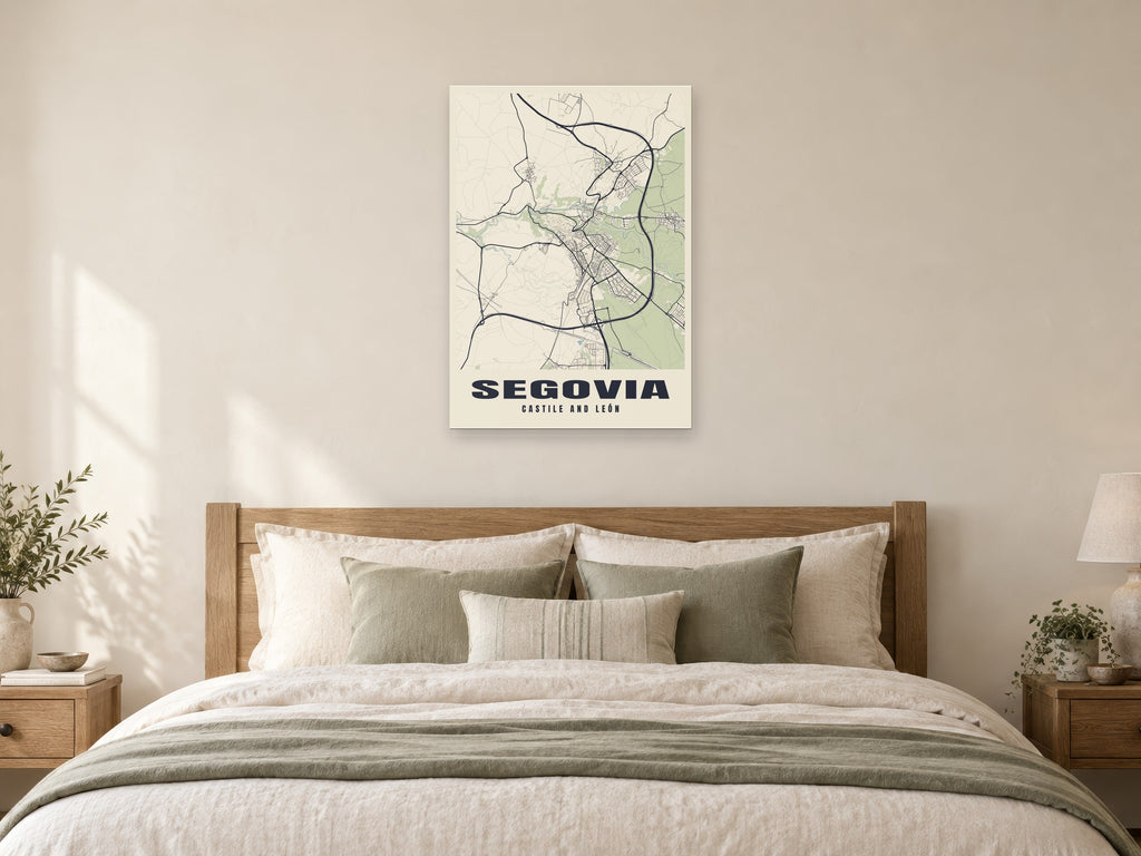 Segovia Street Map Poster at A1, as a poster, above a bed