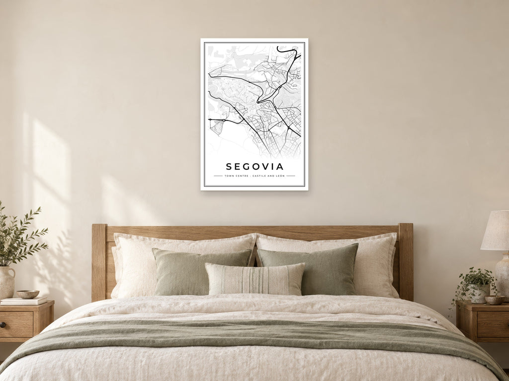 Segovia Town Centre Street Map Poster at A1, as a poster, above a bed