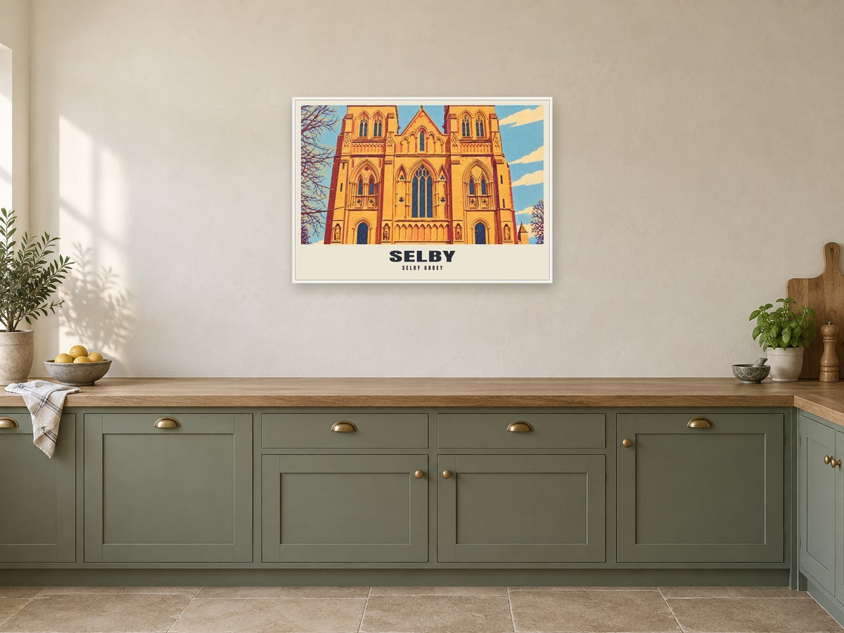 Selby Abbey Poster at A1, in a white frame, in a kitchen
