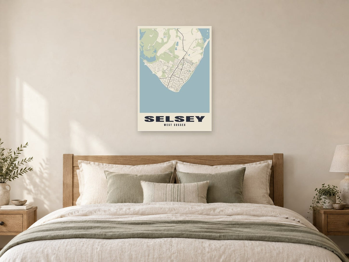 Selsey Street Map Poster at A1, as a poster, above a bed