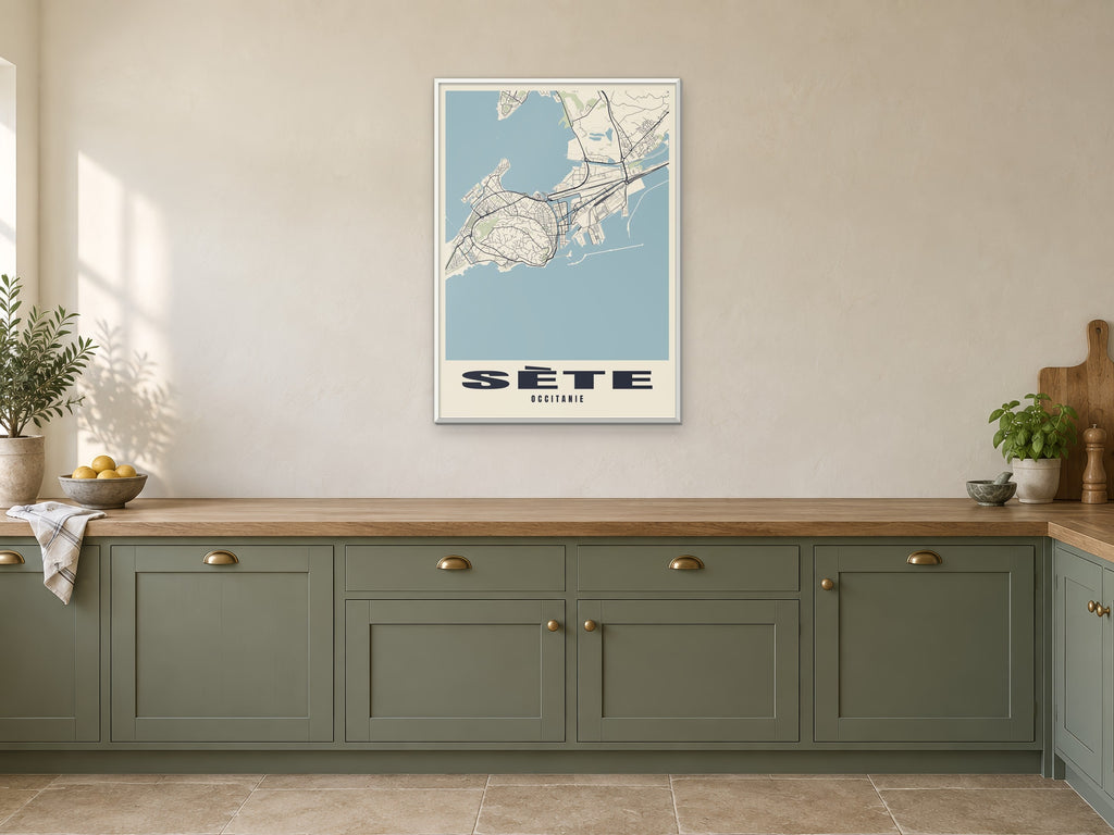Sète Street Map Poster at A1, in a white frame, in a kitchen