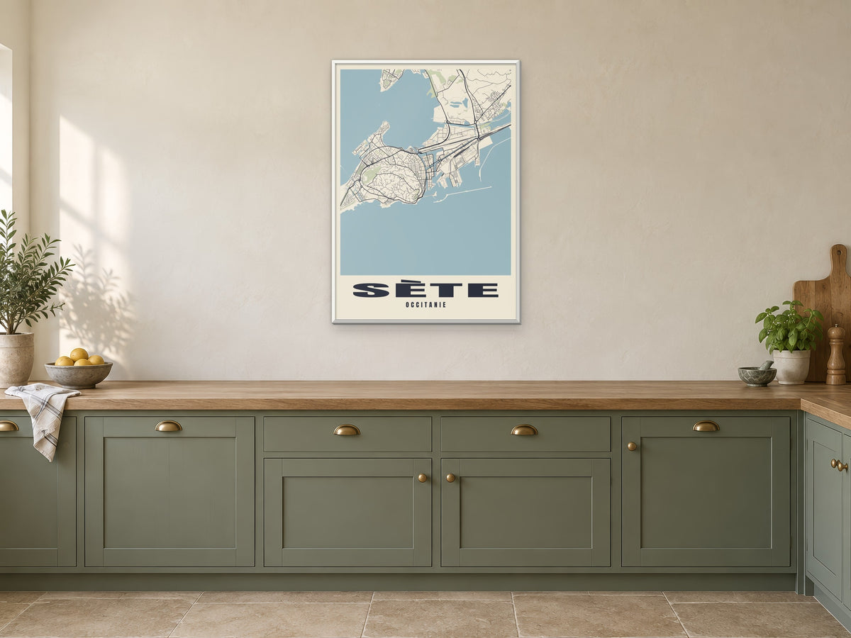 Sète Street Map Poster at A1, in a white frame, in a kitchen
