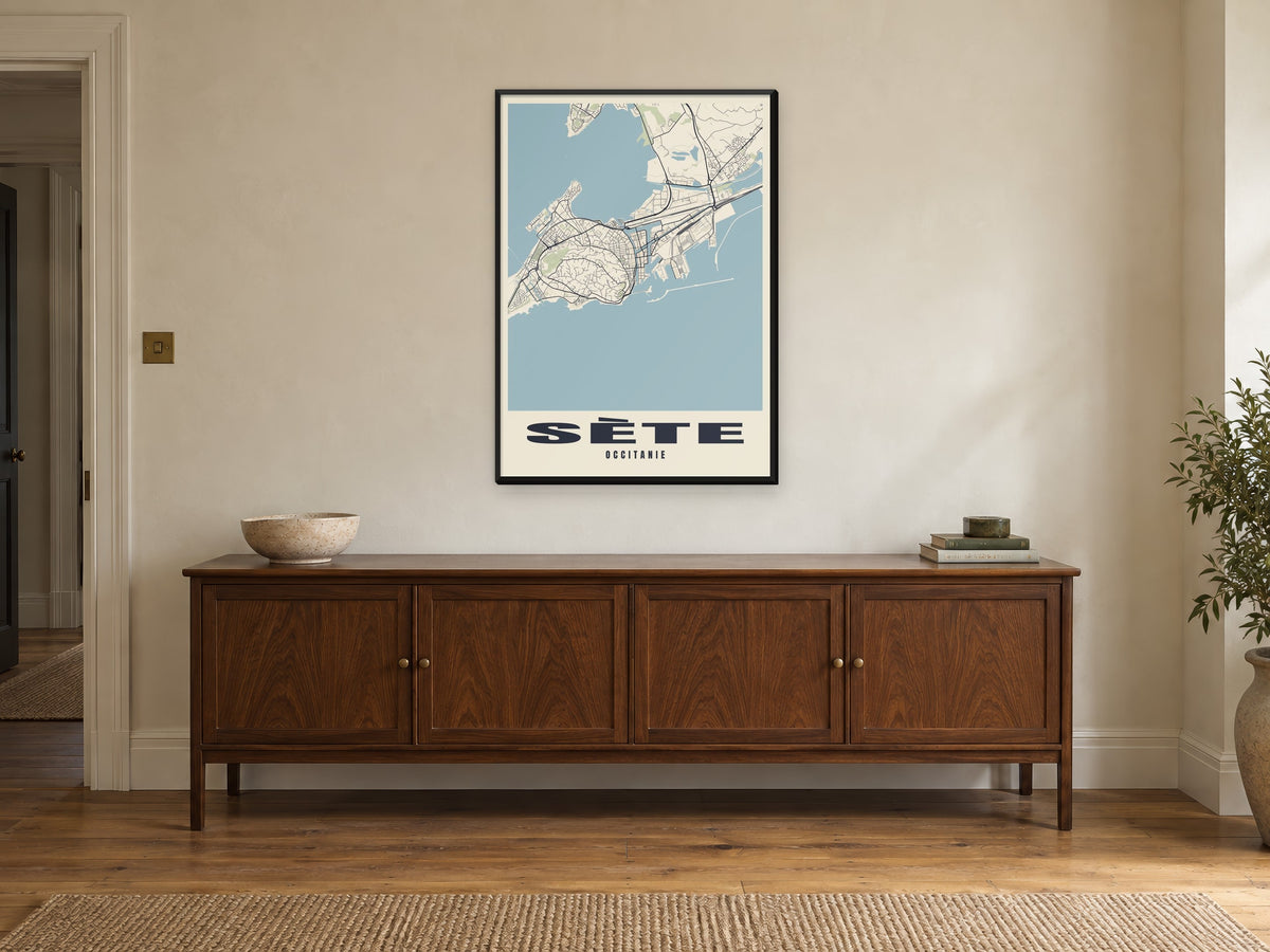 Sète Street Map Poster at A1, in a black frame, above a sideboard