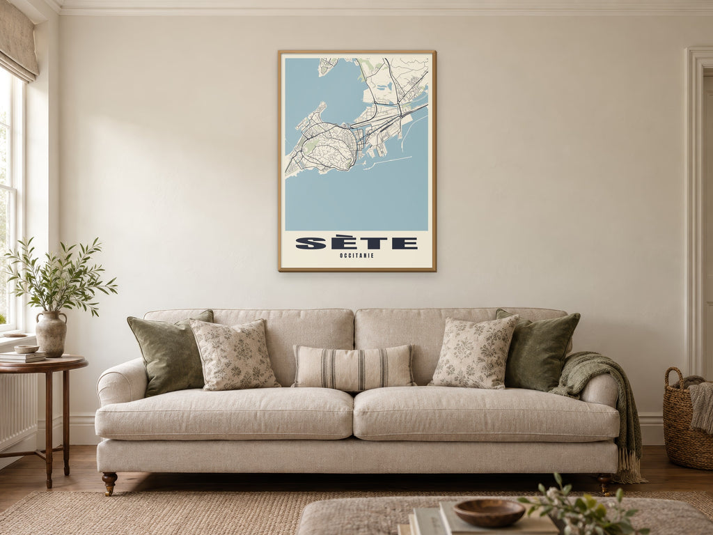 Sète Street Map Poster at A1, in a natural wood frame, in a sitting room