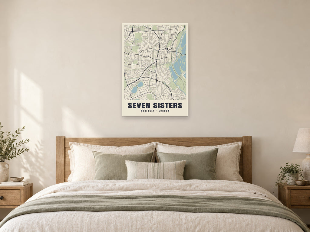 Seven Sisters Heritage Street Map Poster at A1, as a poster, above a bed