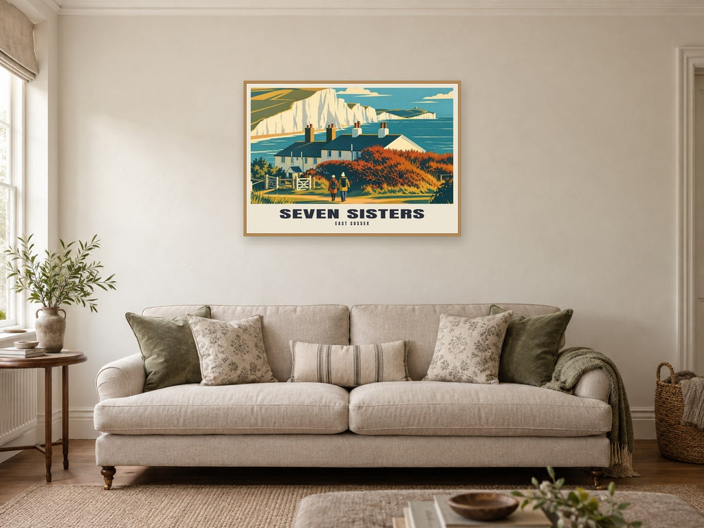 Seven Sisters Poster at A1, in a natural wood frame, in a sitting room