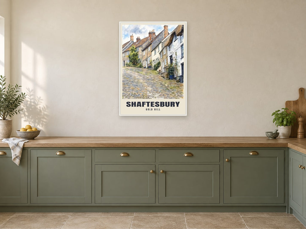 Gold Hill, Shaftesbury Poster at A1, in a white frame, in a kitchen