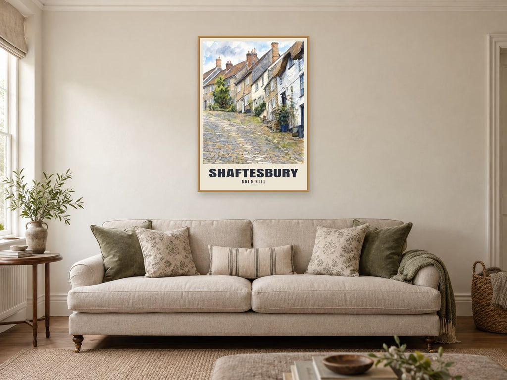 Gold Hill, Shaftesbury Poster at A1, in a natural wood frame, in a sitting room