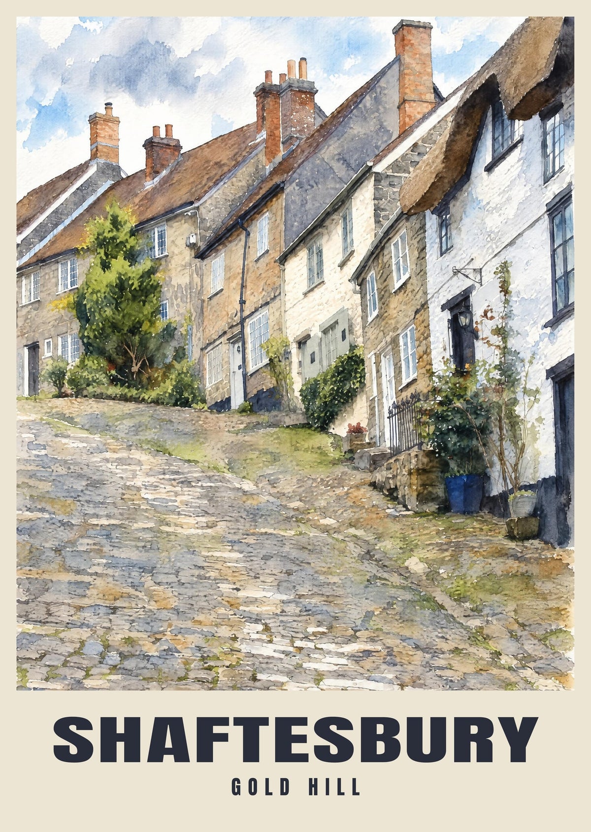 Gold Hill, Shaftesbury poster in the English Watercolour style