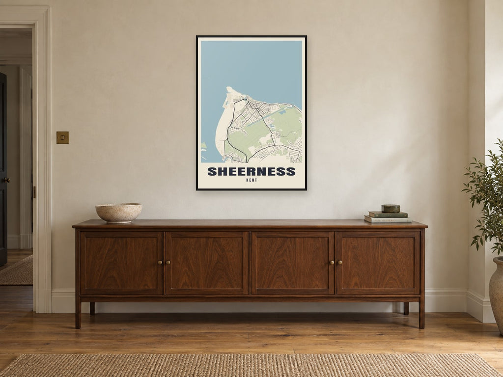 Sheerness Street Map Poster at A1, in a black frame, above a sideboard