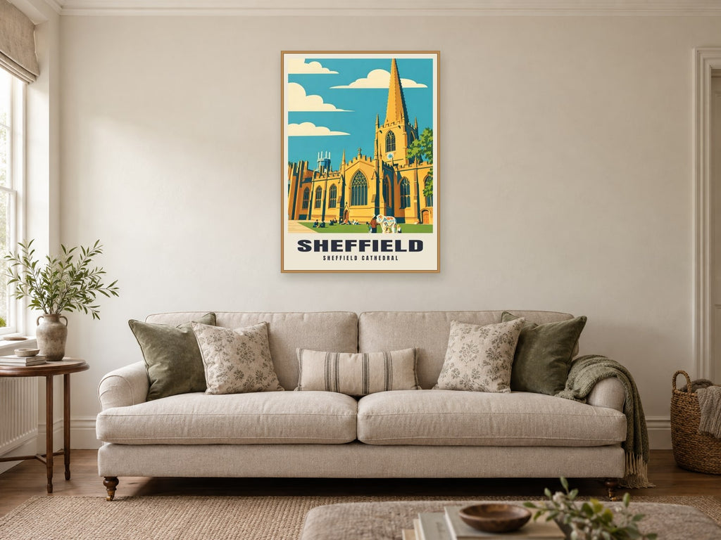 Sheffield Cathedral Poster at A1, in a natural wood frame, in a sitting room