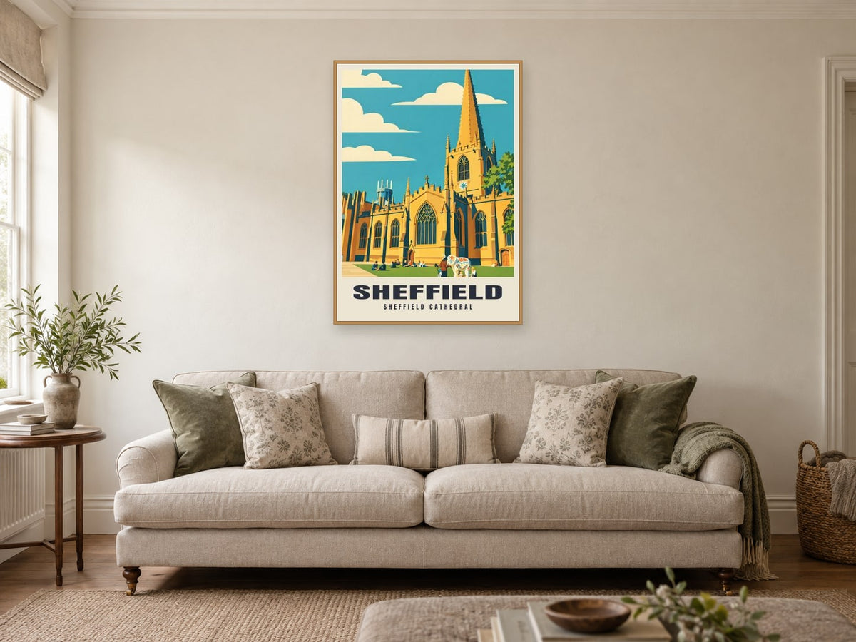Sheffield Cathedral Poster at A1, in a natural wood frame, in a sitting room