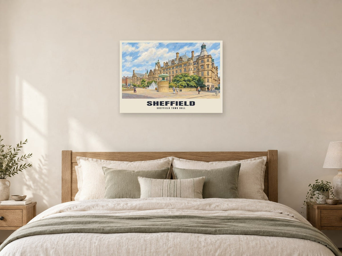 Sheffield Town Hall Poster at A1, as a poster, above a bed