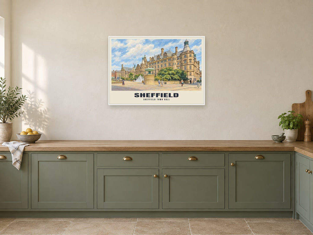 Sheffield Town Hall Poster at A1, in a white frame, in a kitchen