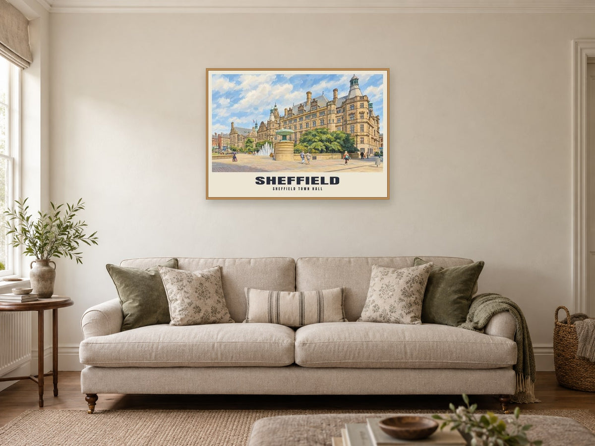 Sheffield Town Hall Poster at A1, in a natural wood frame, in a sitting room