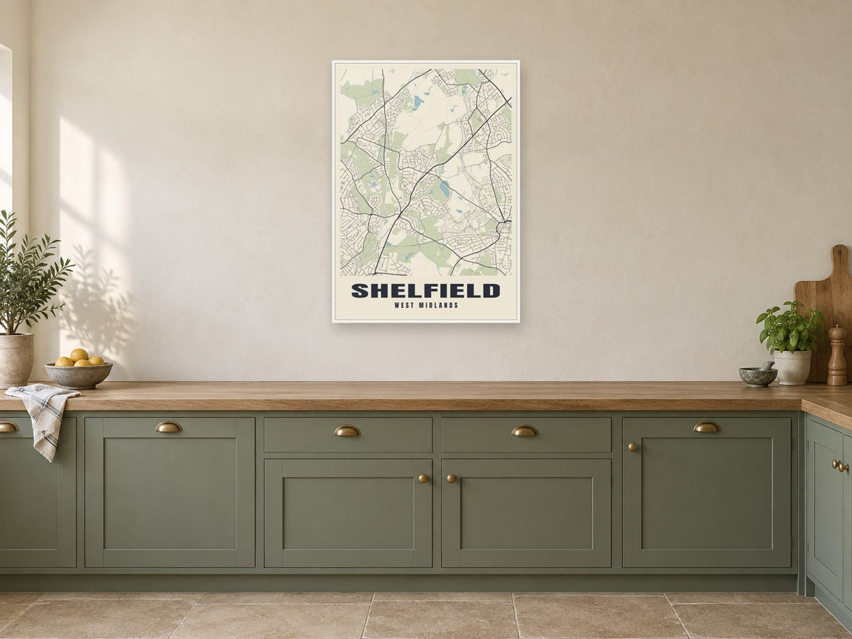 Shelfield Street Map Poster at A1, in a white frame, in a kitchen