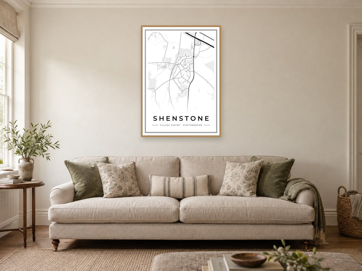 Shenstone Village Centre Street Map Poster at A1, in a natural wood frame, in a sitting room