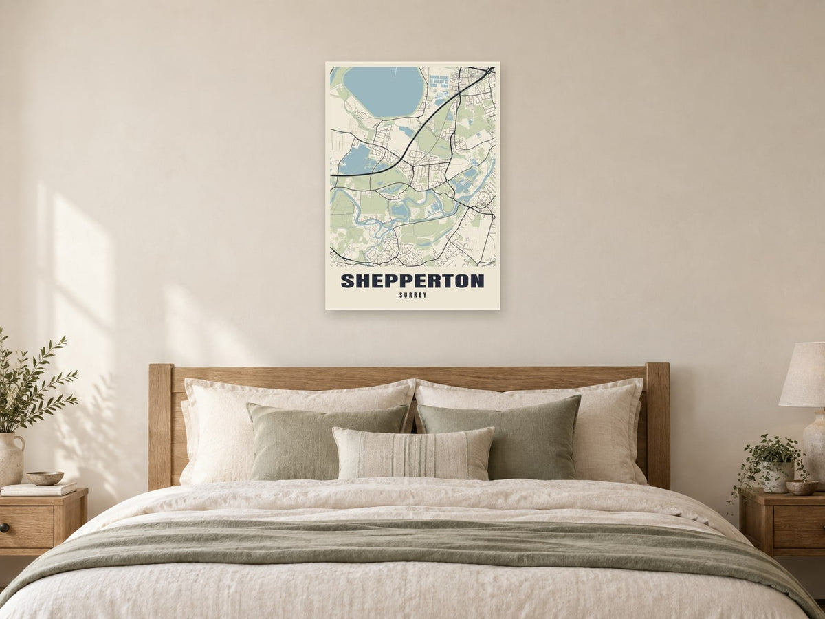 Shepperton Street Map Poster at A1, as a poster, above a bed