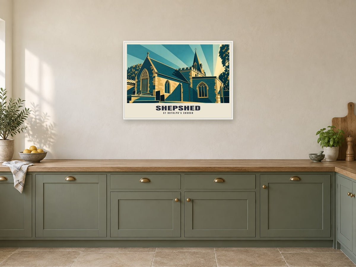 St Botolph’s Church, Shepshed Poster at A1, in a white frame, in a kitchen