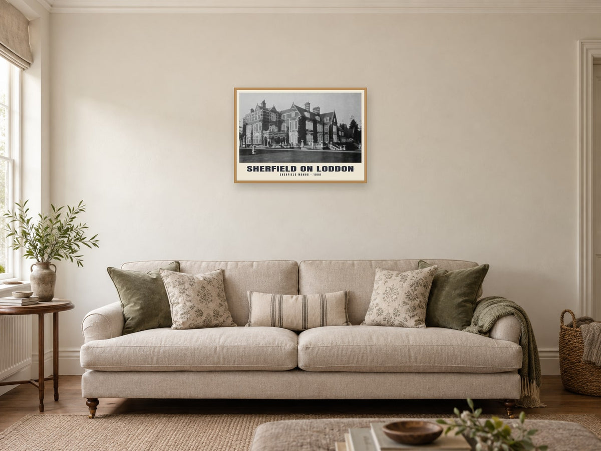 Sherfield Manor, Sherfield on Loddon Poster at A2, in a natural wood frame, in a sitting room