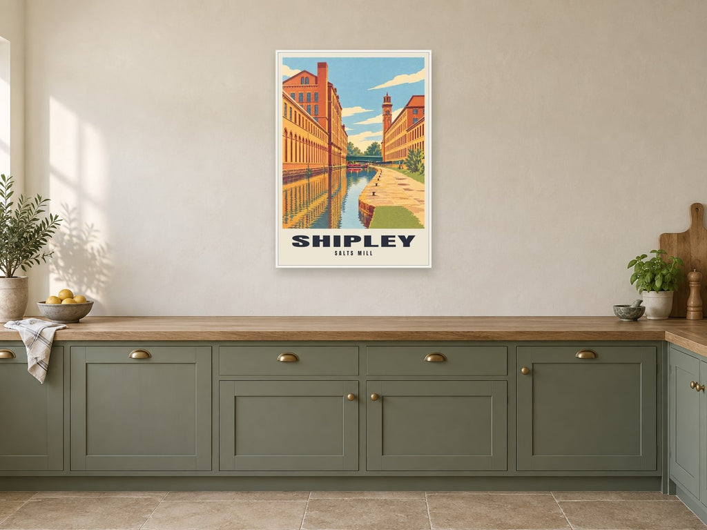Salts Mill, Shipley Poster at A1, in a white frame, in a kitchen