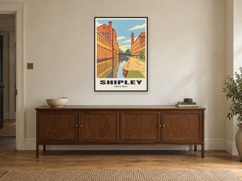 Salts Mill, Shipley Poster at A1, in a black frame, above a sideboard