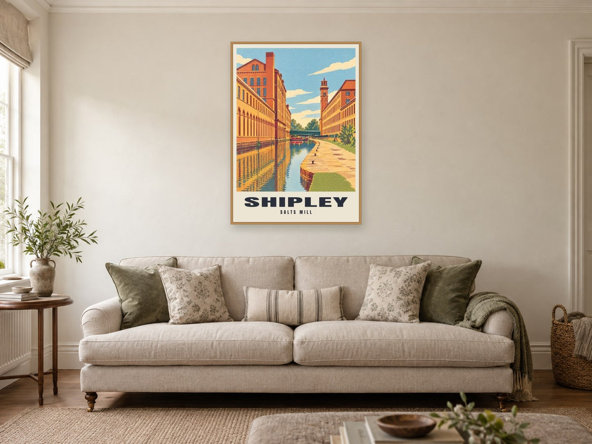 Salts Mill, Shipley Poster at A1, in a natural wood frame, in a sitting room