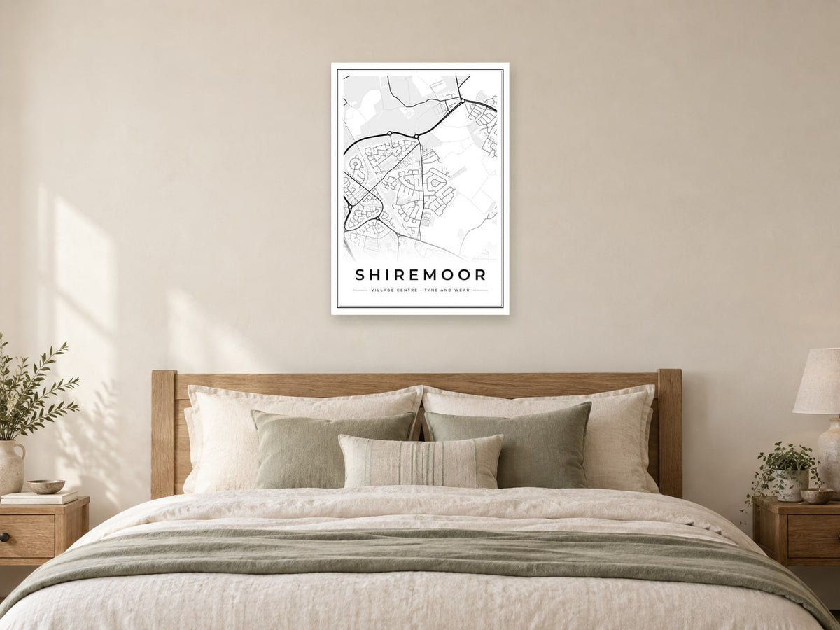 Shiremoor Village Centre Street Map Poster at A1, as a poster, above a bed
