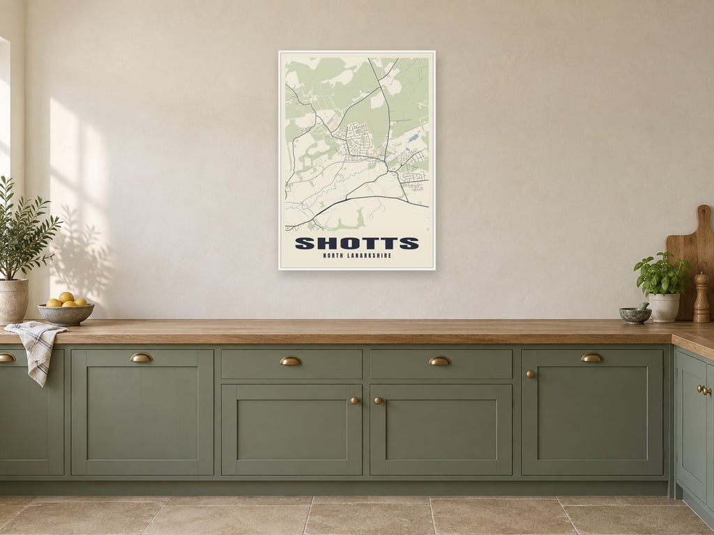 Shotts Street Map Poster at A1, in a white frame, in a kitchen