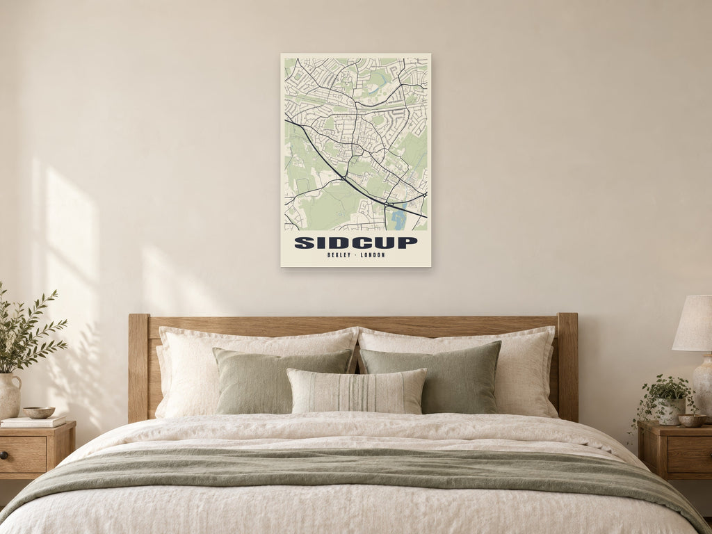 Sidcup Heritage Street Map Poster at A1, as a poster, above a bed