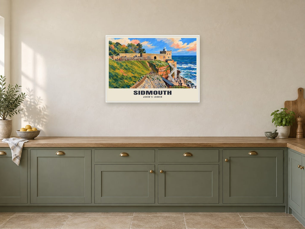 Jacob’s Ladder, Sidmouth Poster at A1, in a white frame, in a kitchen