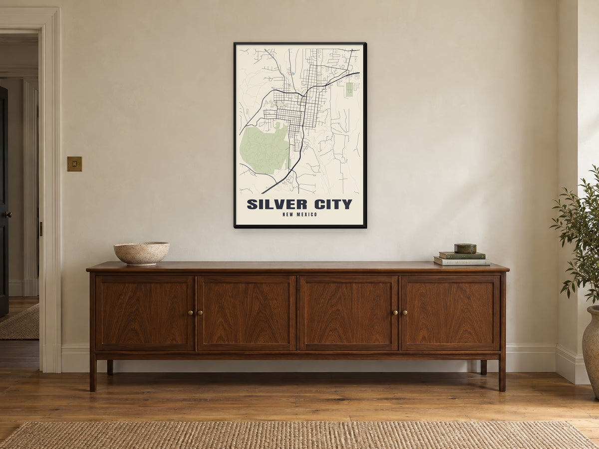Silver City Street Map Poster at A1, in a black frame, above a sideboard