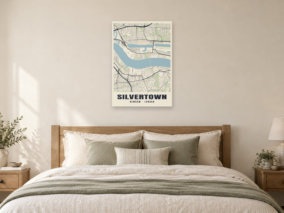 Silvertown Heritage Street Map Poster at A1, as a poster, above a bed