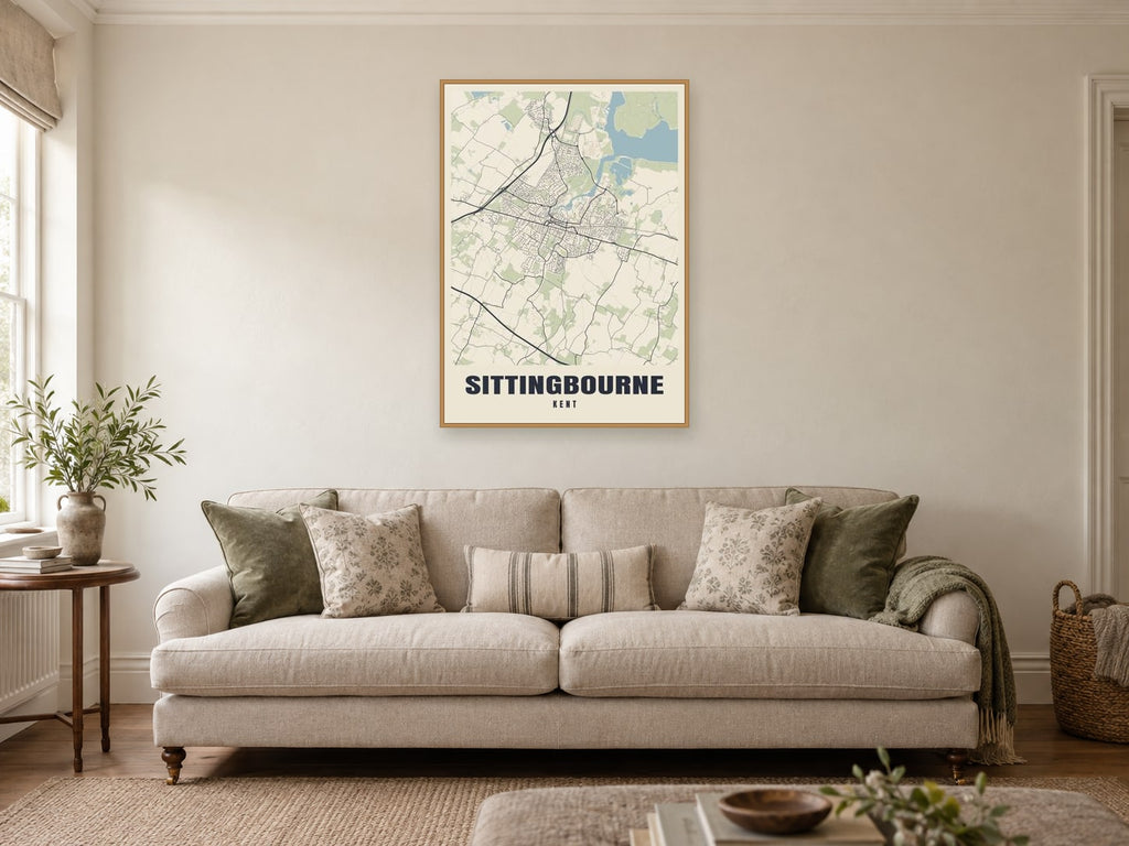 Sittingbourne Street Map Poster at A1, in a natural wood frame, in a sitting room