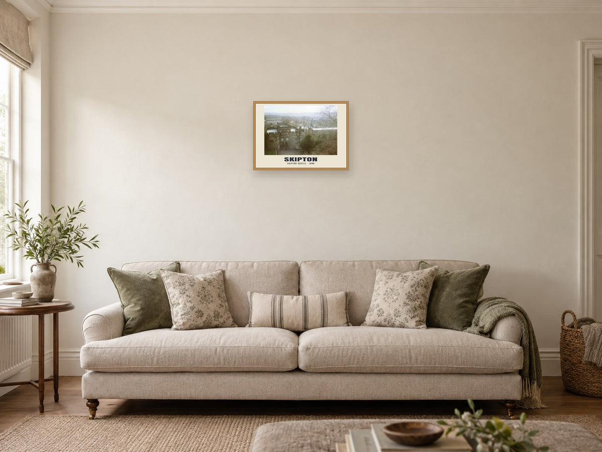 Skipton Castle, 1990 Heritage Print at A3, in a natural wood frame, in a sitting room